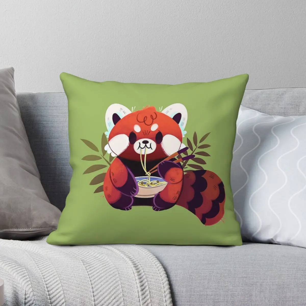 Red Panda Eating Ramen Pillowcase Polyester Linen Velvet Printed Zip Decor Bed Cushion Cover