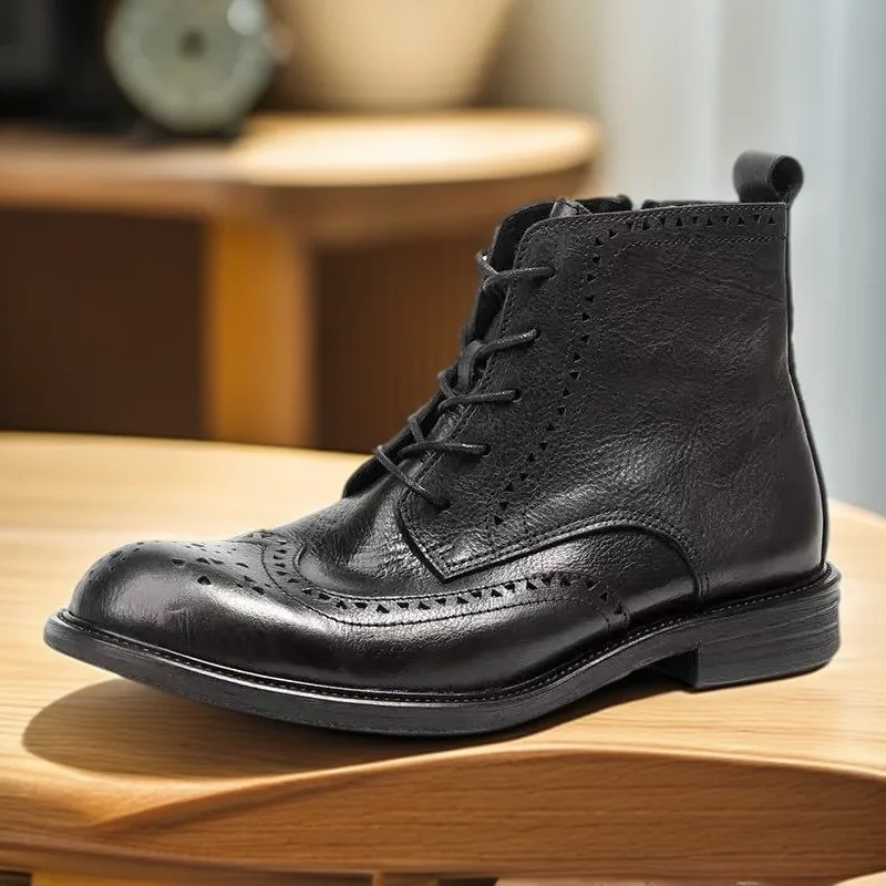 

Vintage British Lace Up Side Zip Ankle Boots Men's Shoes Handmade Brogue Genuine Leather High Top Male Work Chelsea Boots Youth