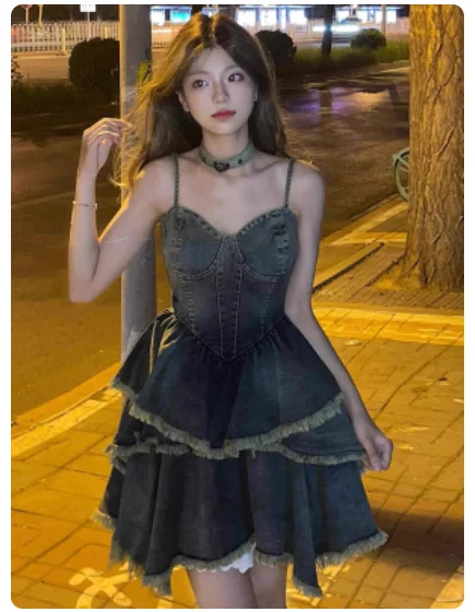 فستان نسائي صيفي كبير الحجم أزرق عتيق من قماش الدنيم الجامعي فستان بحمالات على الموضة بخصر عالٍ على شكل حرف a لتخفيض العمر فساتين كعكة كورية #5