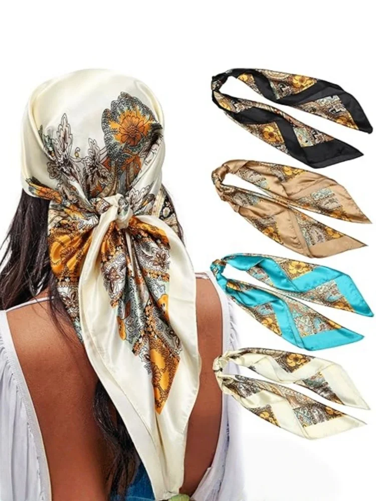 

Женский атласный большой квадратный платок, шарф из искусственного шелка, шелковый шарф с принтом, платок для сна, атласный шелковый шарф