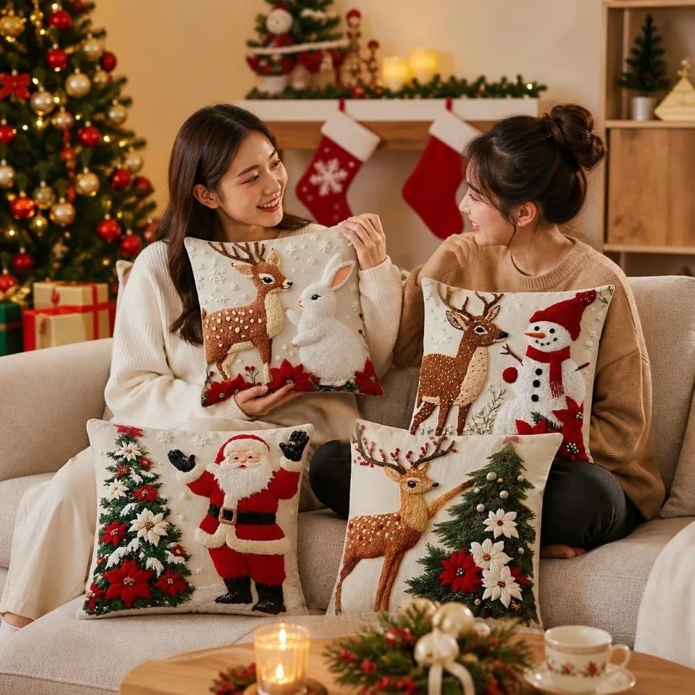 4PCS Santa Claus Christmas Pillow Covers Elk Snowman Holiday Cushion Cover New Year Tree Flower Reindeer Pillowcase Indoor Use