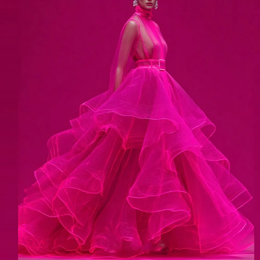 2026 sexy ver através de vestidos femininos alta pescoço ilusão mangas compridas babados em camadas vestidos de aniversário feminino vestido de dança formal