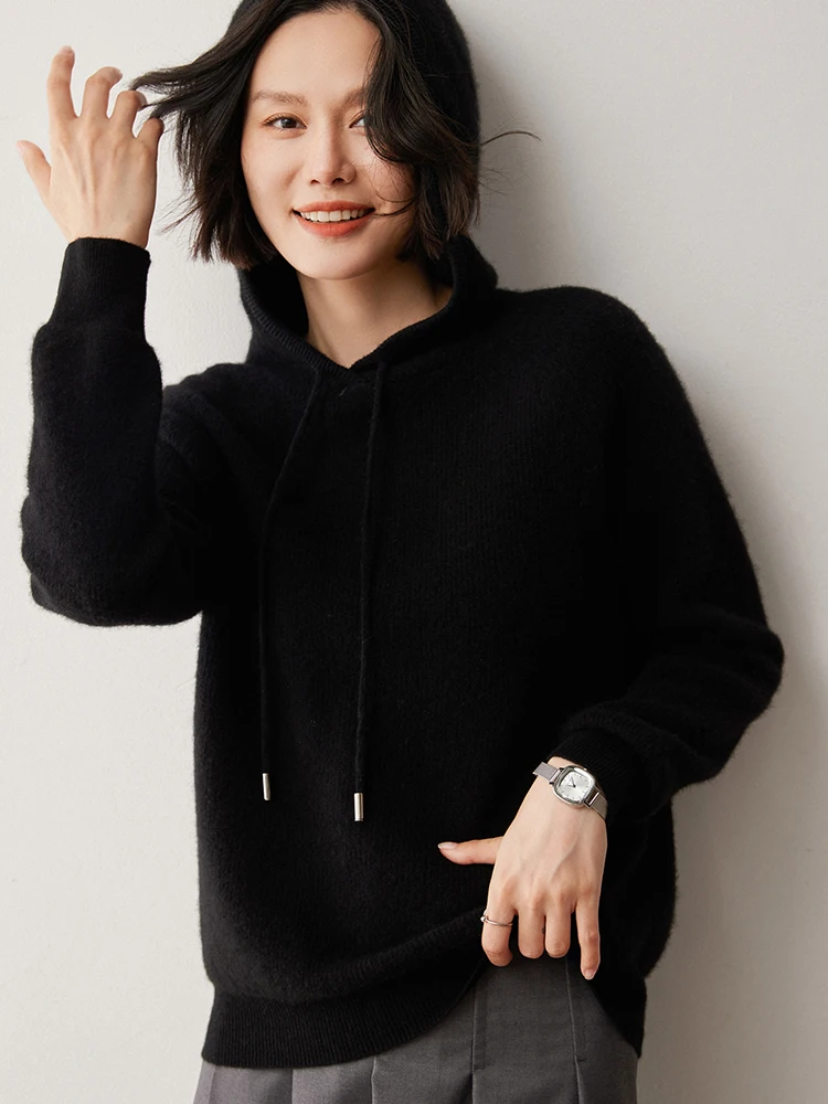 Women Drawstring Hoodie Threaded Sweater 100% Cashmere Pullover Raglan Sleeve Casual Knitwear Autumn Winter Striped Clothing Top