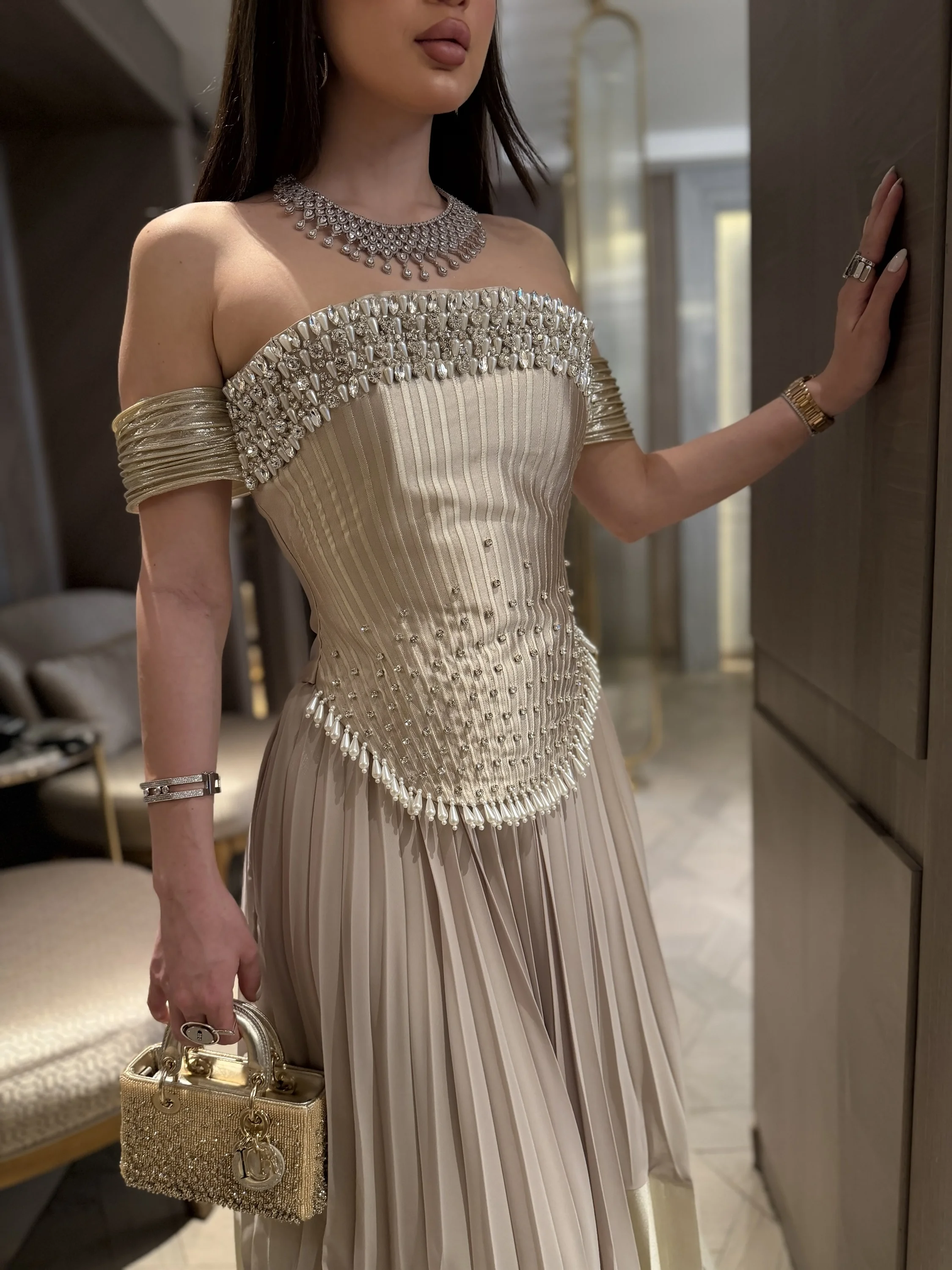 Women Champagne Off The Shoulder Evening Dresses Sequin Embroidery Luxurious Bodice Elegant Party Dresses Wedding Guests
