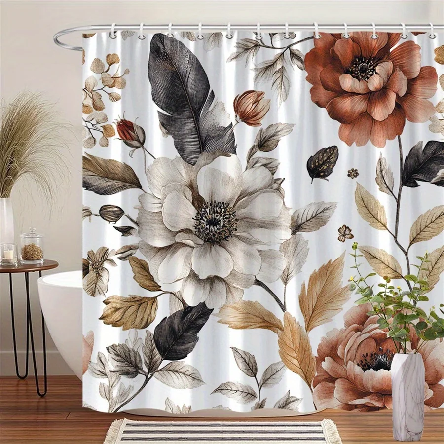 

1 шт., занавеска для душа с коралловым пионом и крючком, полиэфирная ткань, можно стирать в машине, подходит для украшения ванной комнаты