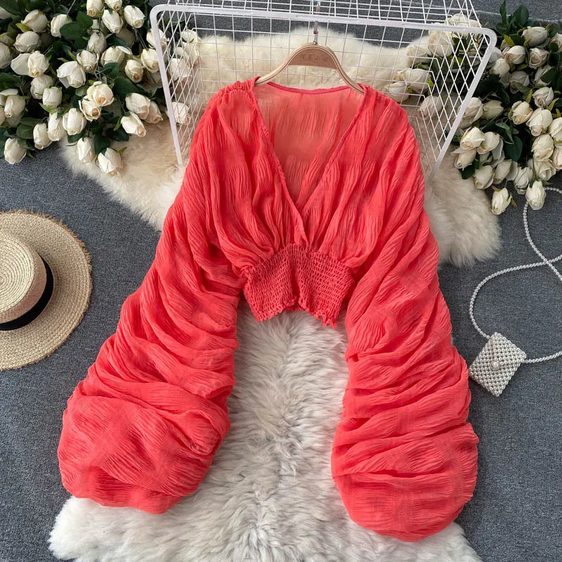 Women Blouse Sexy Deep V Neck Tops Full Puff Sleeve Tight Waist Top Shirts Slim Fit Blouses Elegant Splice Pleated Shirt