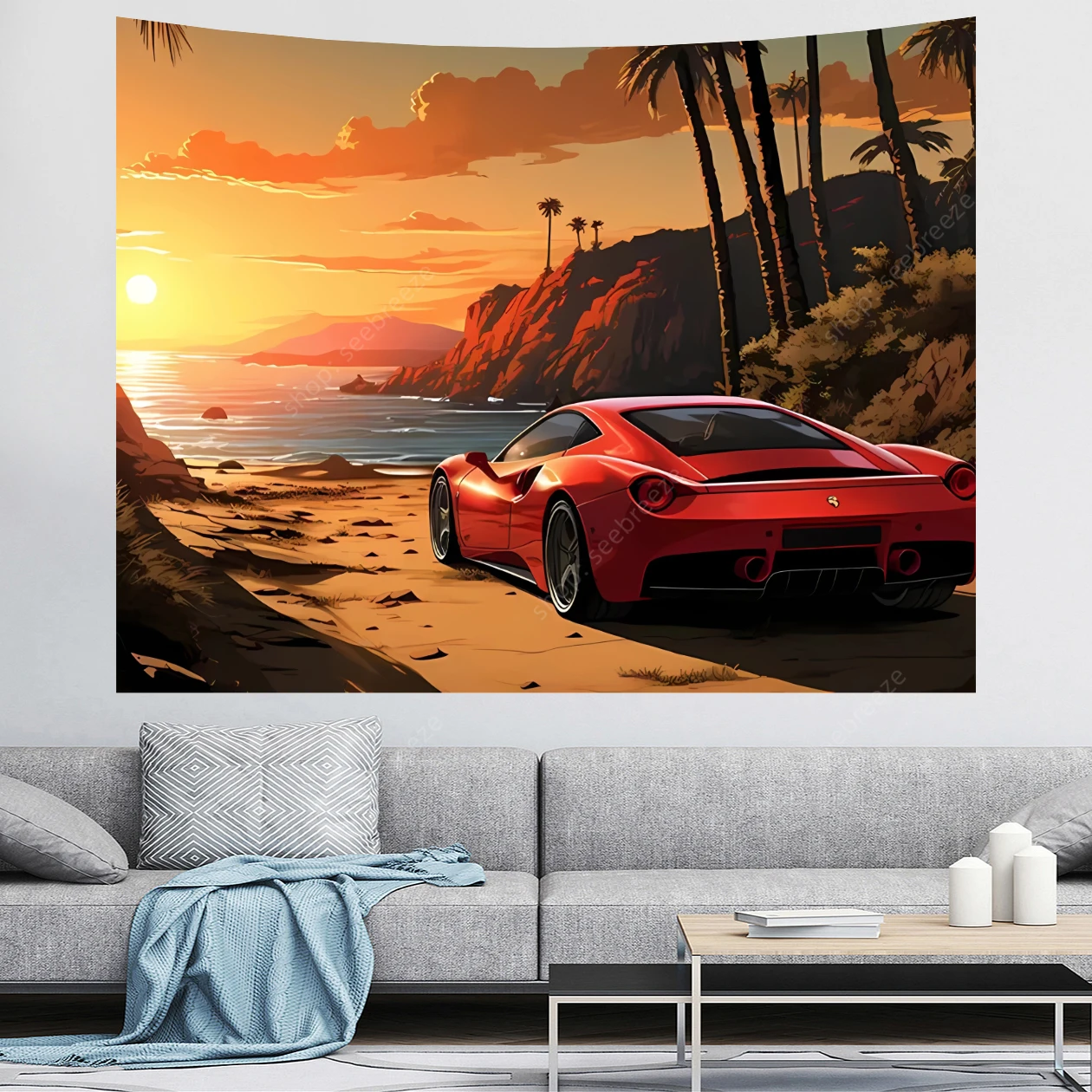 

Sunset Beach Natural Scenery Tapestry Sports Car Tapestry Room Decor Wall Hanging for Living Room Bedroom Dorm Decor Yoga Mat