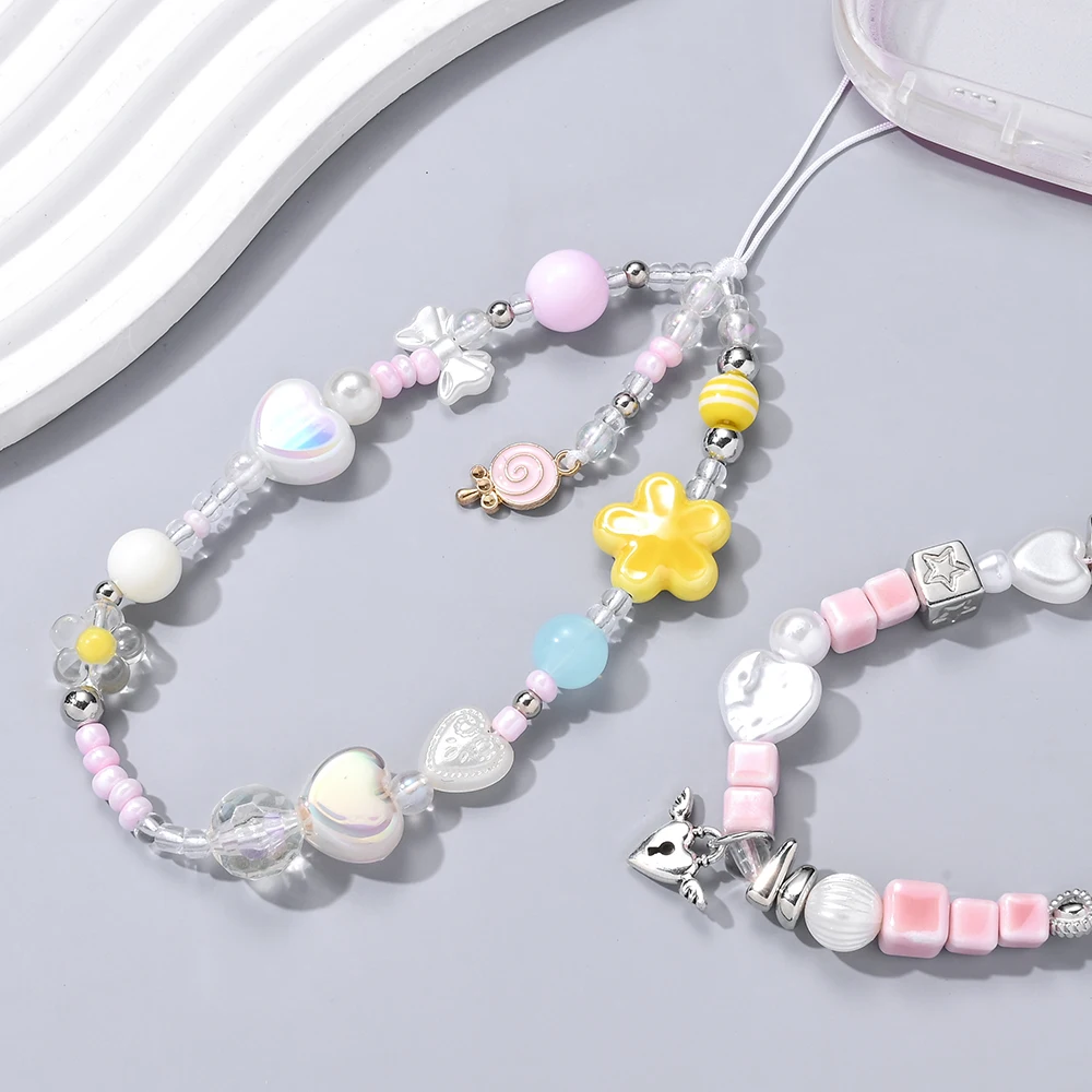 Y2K Mobile Phone Lanyard Colorful Acrylic Heart Flower Beads Telephone Chain For Women Girls Anti-Lost Phone Case Chain Currency