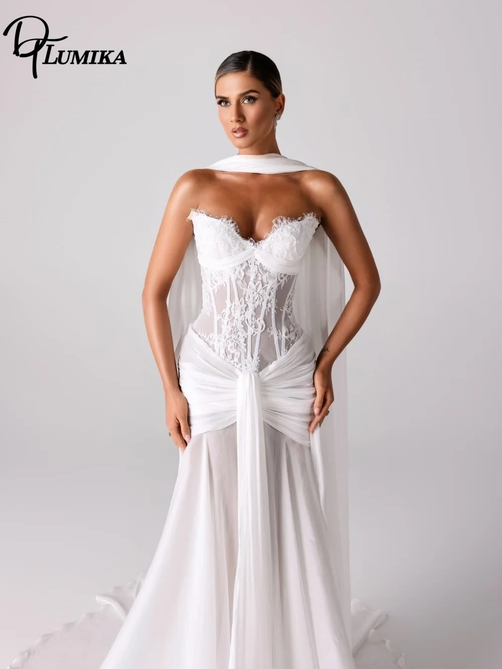 Modern Strapless Fitted Lace Corset Wedding Dress Twist Front Chiffon Skirt Removable Shoulder Cape Customized Vestido De Novia