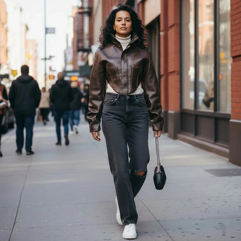 

Vintage Women's Cropped Faux Leather Jacket With Stand Collar And Balloon Sleeves In Biker Style For Chic All Streetwear Outfits