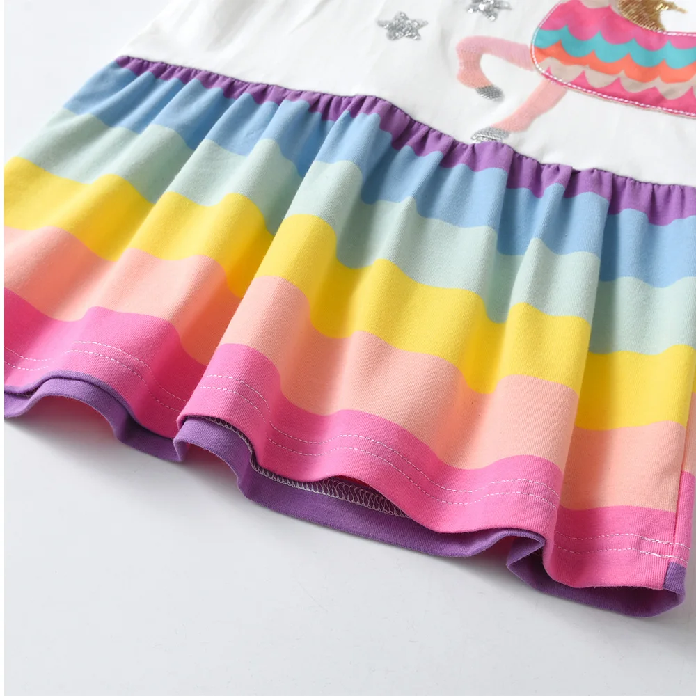VIKITA Mädchen Einhorn Stern Appliziertes Kapuzenkleid Kinder Kurzarm Sommer Baumwolle Lässig Gestreiftes Buntes Gerades Rüschenkleid – Detail 5