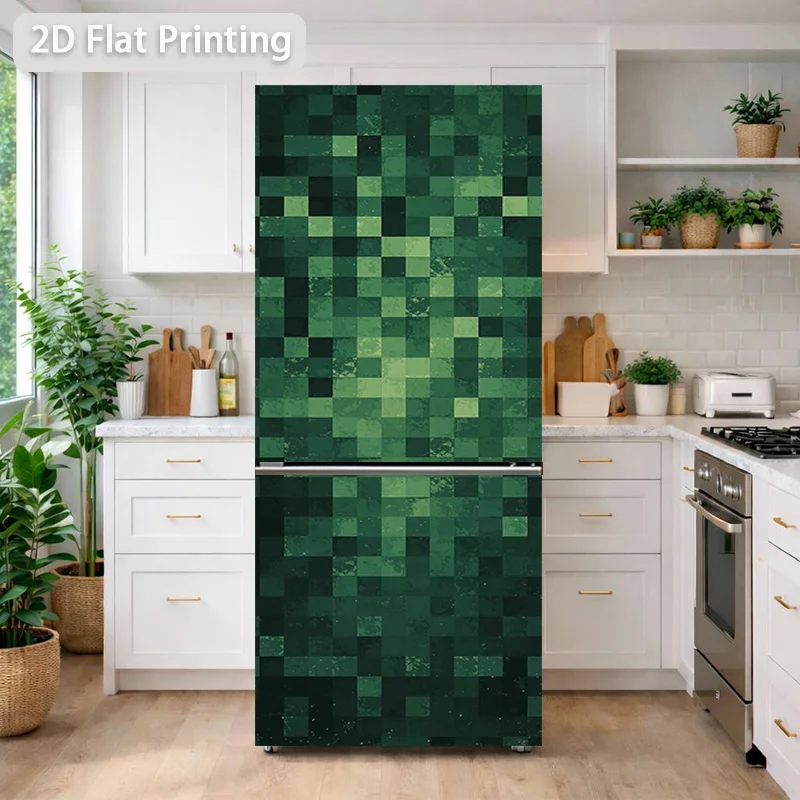 Refrigerator Sticker Pixelated Dark Green Square Texture Themed Design Wall Decoration Self-Adhesive, Suitable for Cabinets An