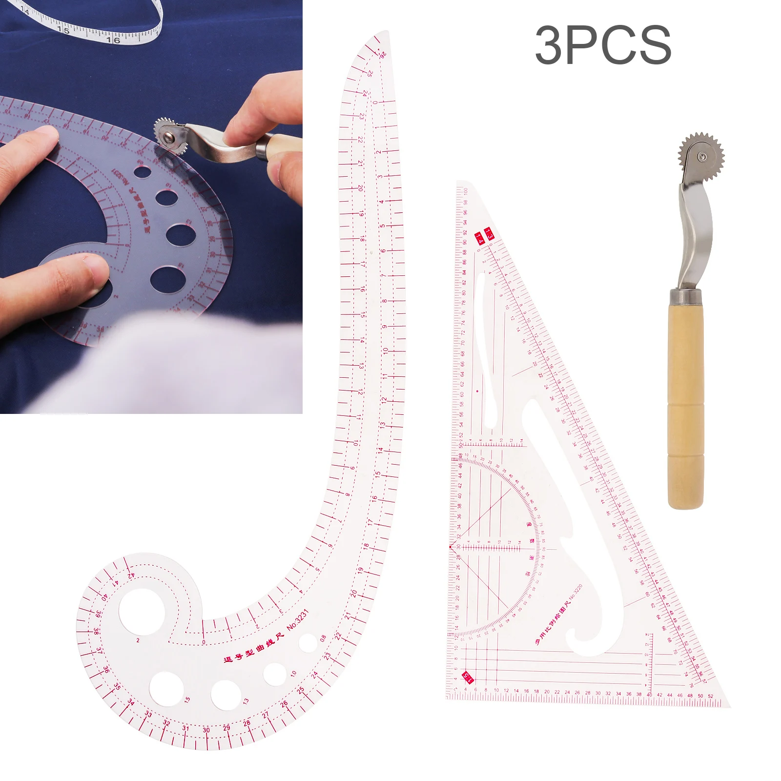 3pcs Metric Shaped 2 Style Sewing Ruler for Designers Pattern Maker with Tracing Wheel Plastic Curve Clothing Patterning Ruler