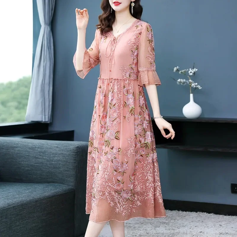 Heavy Industry Embroidery Imitation Silk Dress Women Summer 2023 New Fashion Loose Medium Length Fragmented Mulberry Silk Skirt