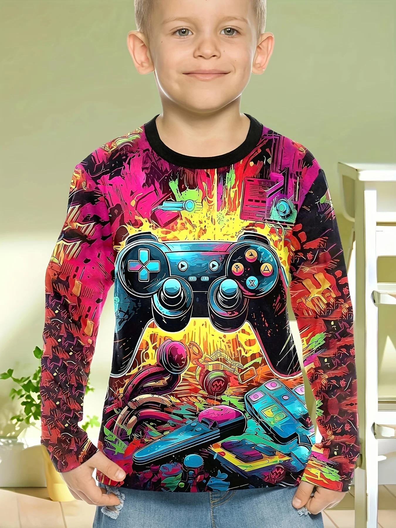Kinderkleidung Jungen T-Shirt Langarm Cool Gamepad Muster Druck Kinder Frühling Herbst Kleidung Neuheit Jungenkleidung O-Ausschnitt Tops – Detail 5