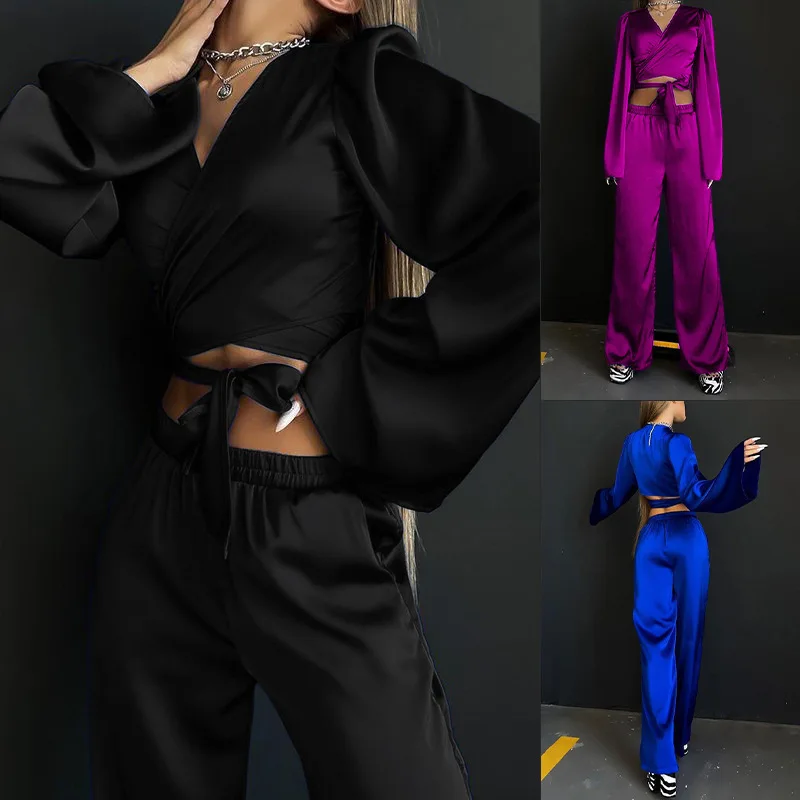 ZL2018 2024 New Summer Women's Long Sleeved Top Solid Color Casual Pants Two Piece Set