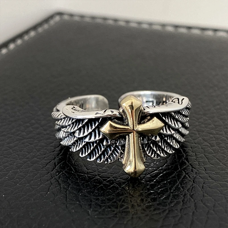 Punk Angel Wings Cross Graffiti Metal Open Ring Charm Men and Women Cool Trend Gothic Jewelry Cocktail Party Accessories