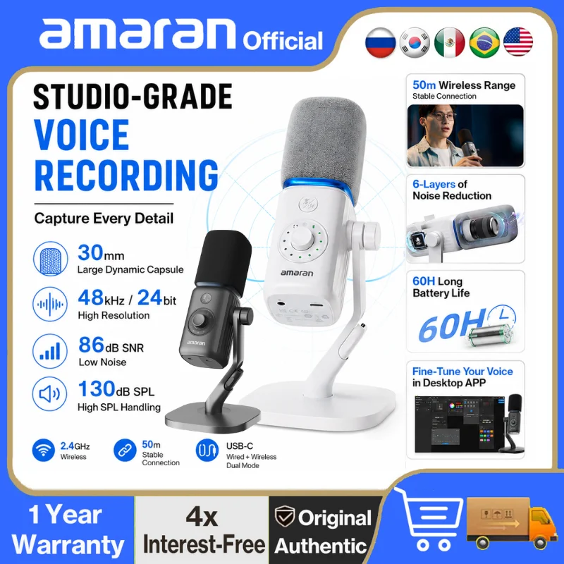 amaran Mic Wireless Desktop Microphone AI Noise Reduction 30mm Capsule 50m Range 60 Hours Battery for Podcasts Livestreams
