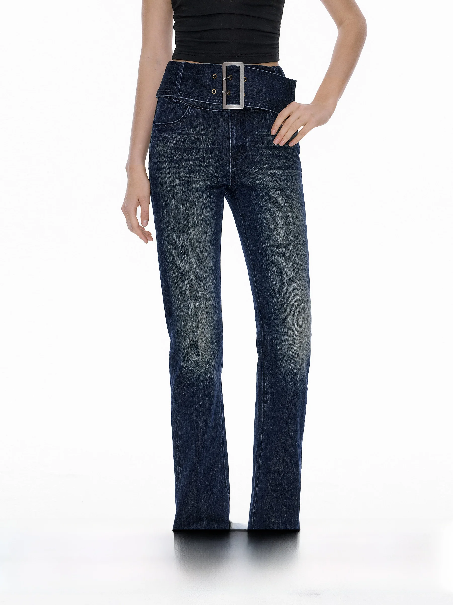 

Женские джинсы из бамбукового волокна с эффектом потертости, узкие, с поясом, цвета Deep Ocean Blue, новинка зимы, модные джинсы Ayo для женщин