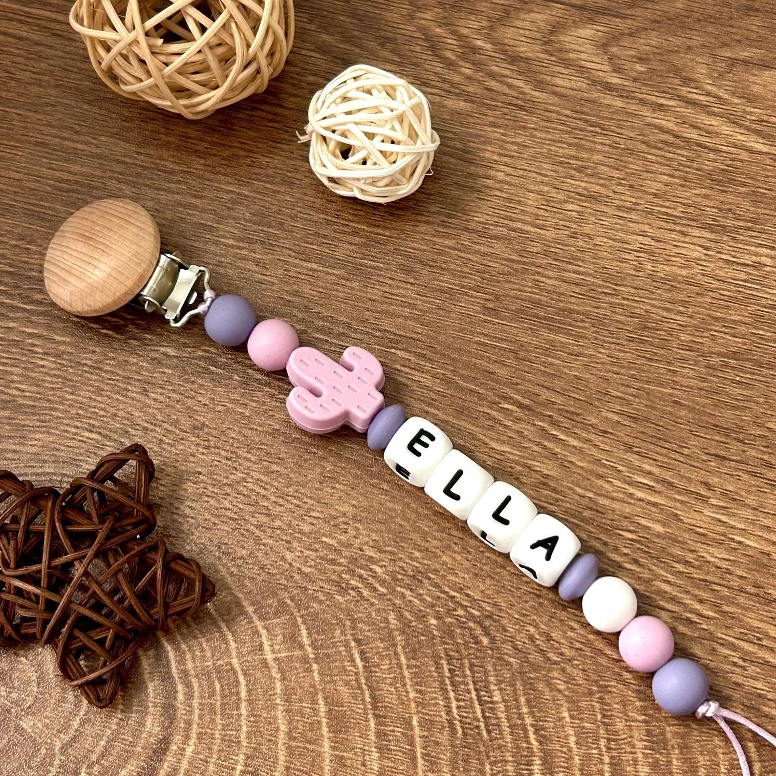 Personalized Pacifier Clip Silicone Rainbow Purple Beads with Wooden Clips Customizable Names for Baby Shower Gift image 4