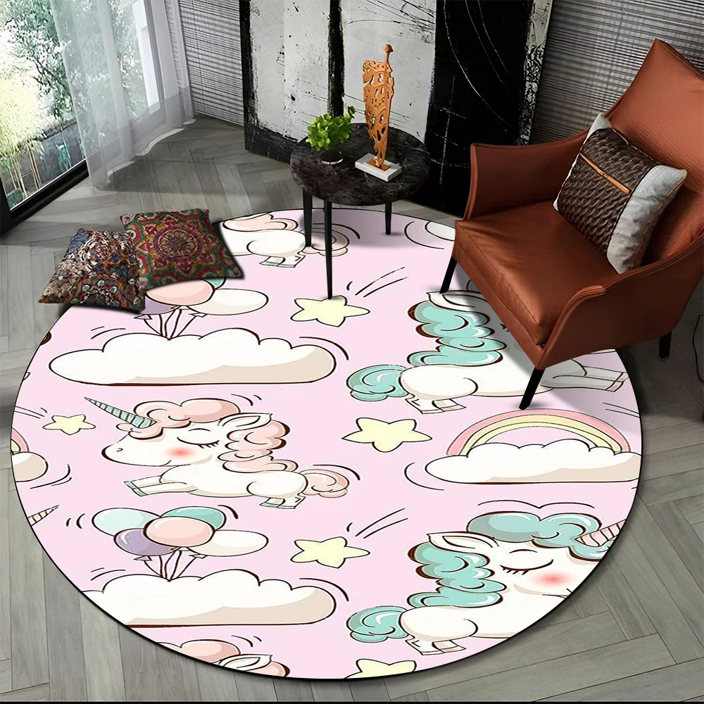 Unicorn Cartoon Animal Round Carpet Rug for Living Room Children's Bedroom Sofa Decor,Kid Paly Game Area Rug Non-slip Floor Mat