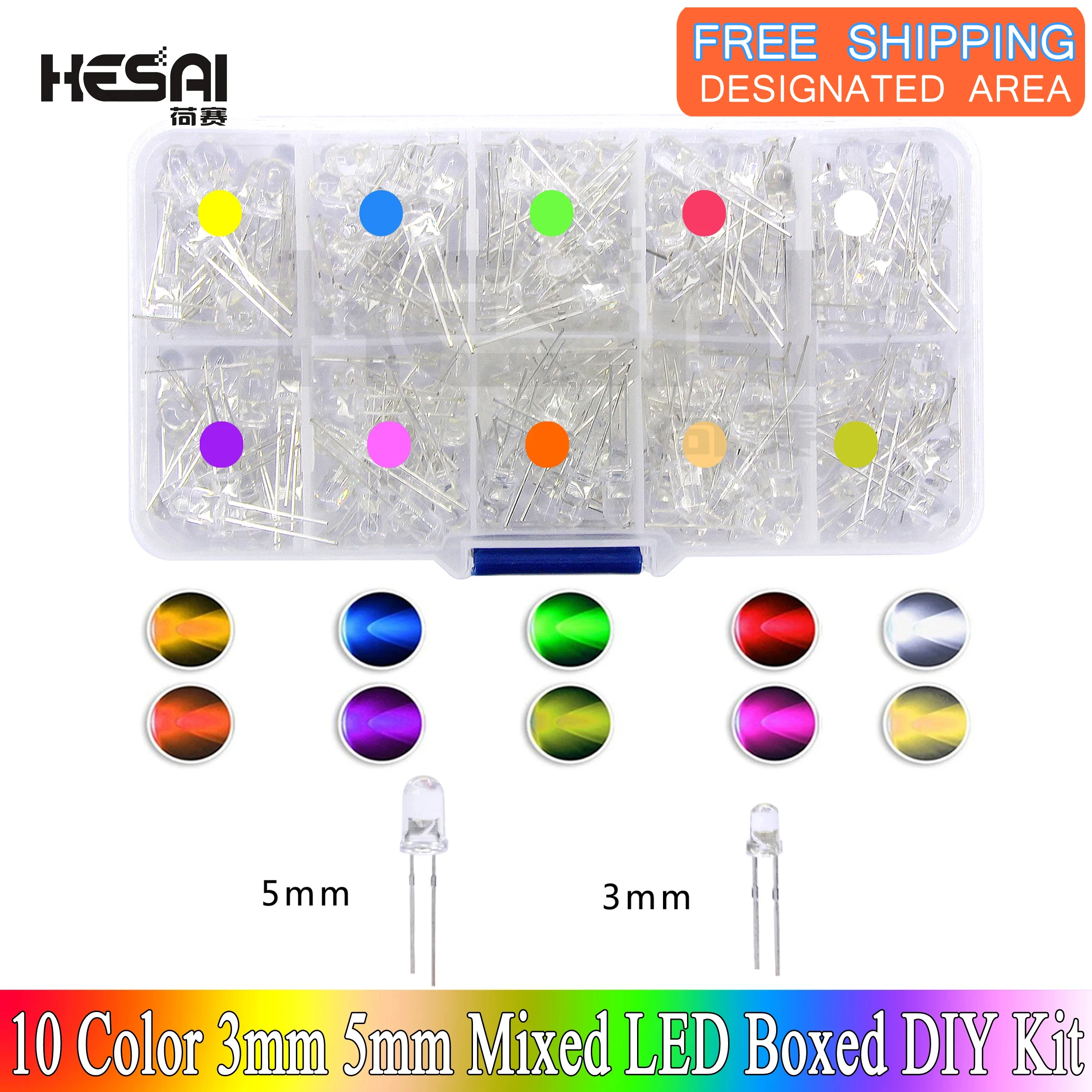 

3mm 5mm LED Diode Assorted Kit White Green Red Blue Yellow OrangF3 F5 Light Emitting DIY led Diodes Electronic Kit Free shipping