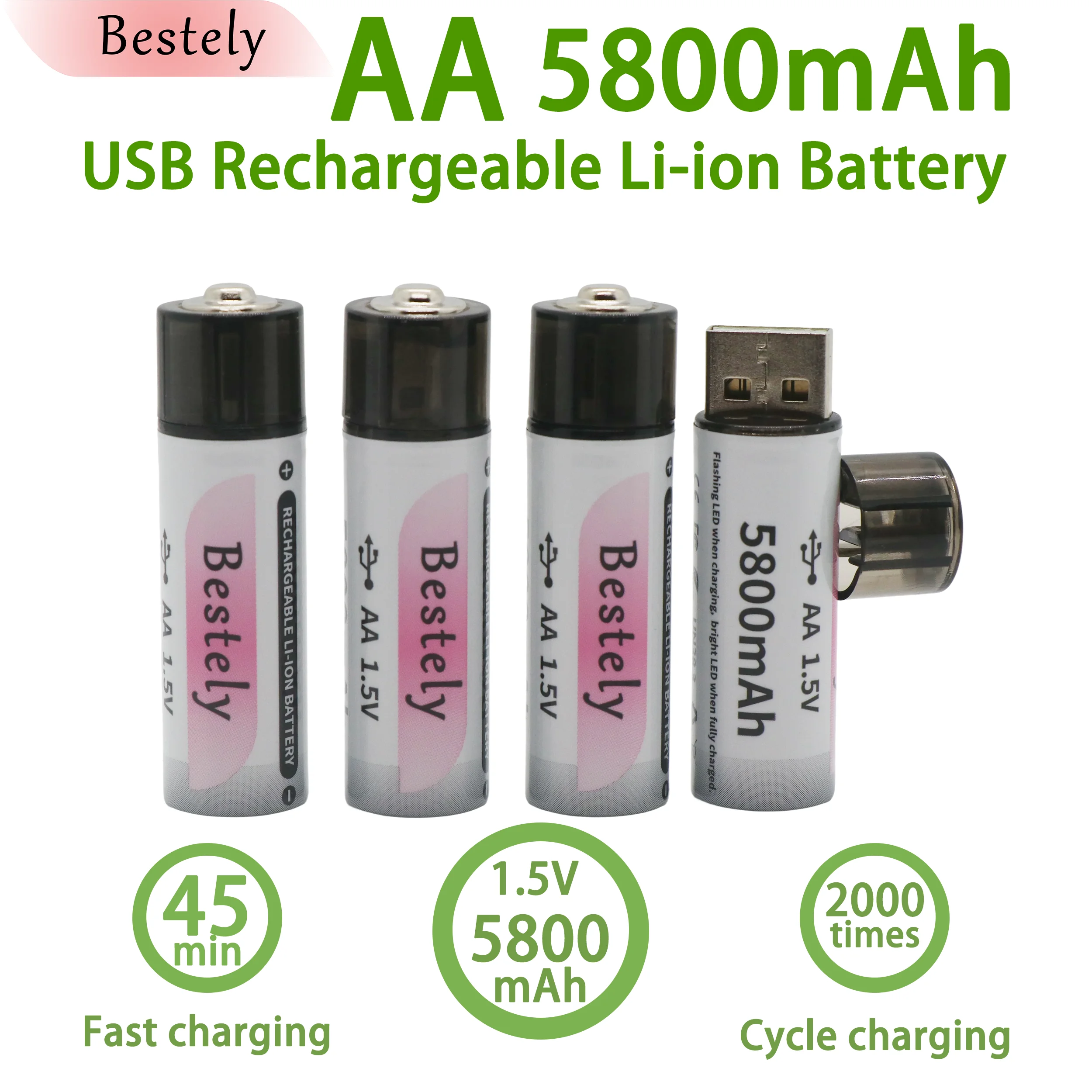 

USB-Rechargeable 1.5V AA Battery, 5800mWh for Long-Lasting Power in Mouse/Remote/Toys