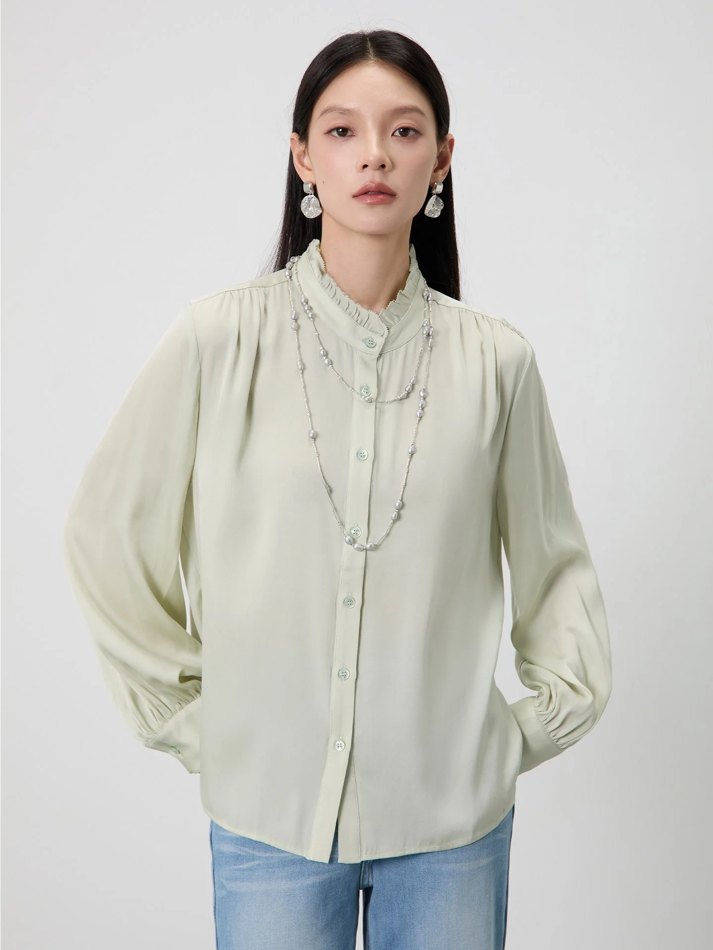 

Spring New Sle Slimming Women's Silk irt Qingan Home Ear Musoom Collar Commuting irt French Sle Loose Fit Long Sl...