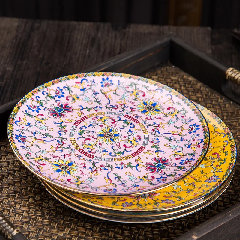 Chinese Enamel Color Ceramic Plate Handmade Gold Stroke Tableware Home Pasta Dinner Plates Restaurant Serving Tray Kitchen Items