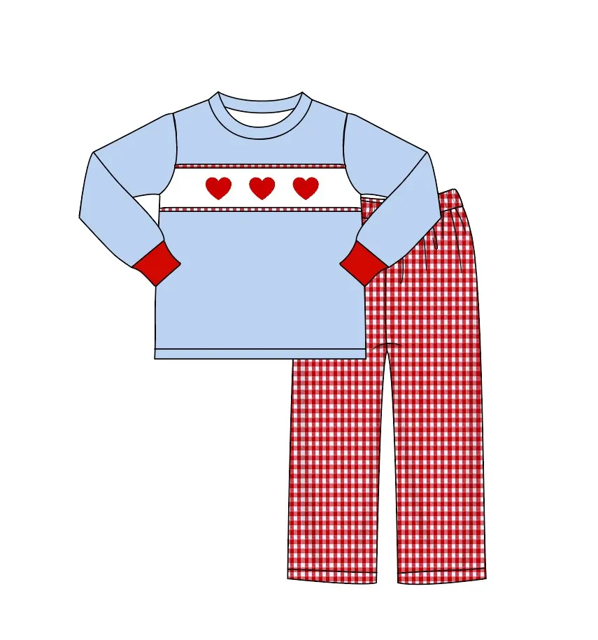 Valentine\'s Day Baby Long Sleeve T-shirt Set Round Neck French Knot  Pattern Boy Top Clothes And Red Lattice Shorts Suit Romper