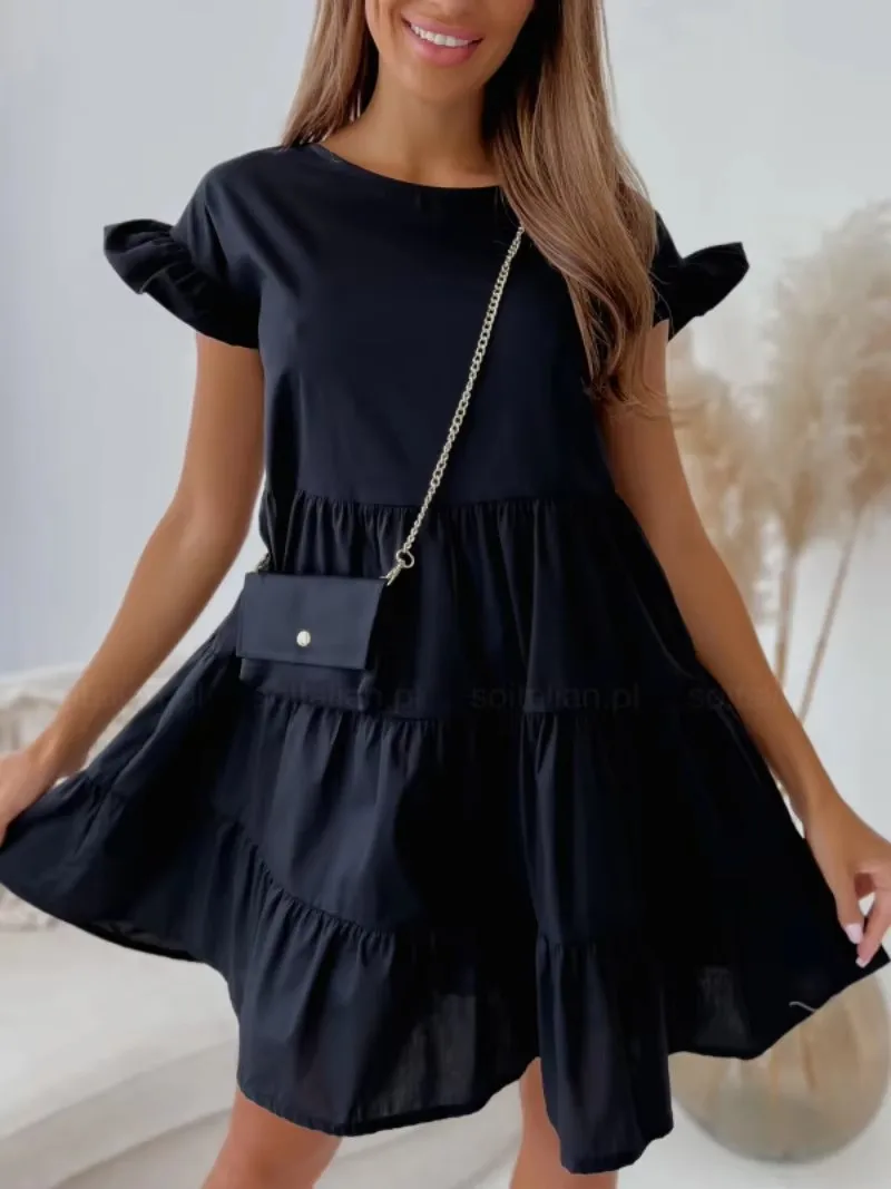 Kurzärmliges, geblümtes Minikleid mit Rüschen, gestuftes A-Linien-Sommerkleid