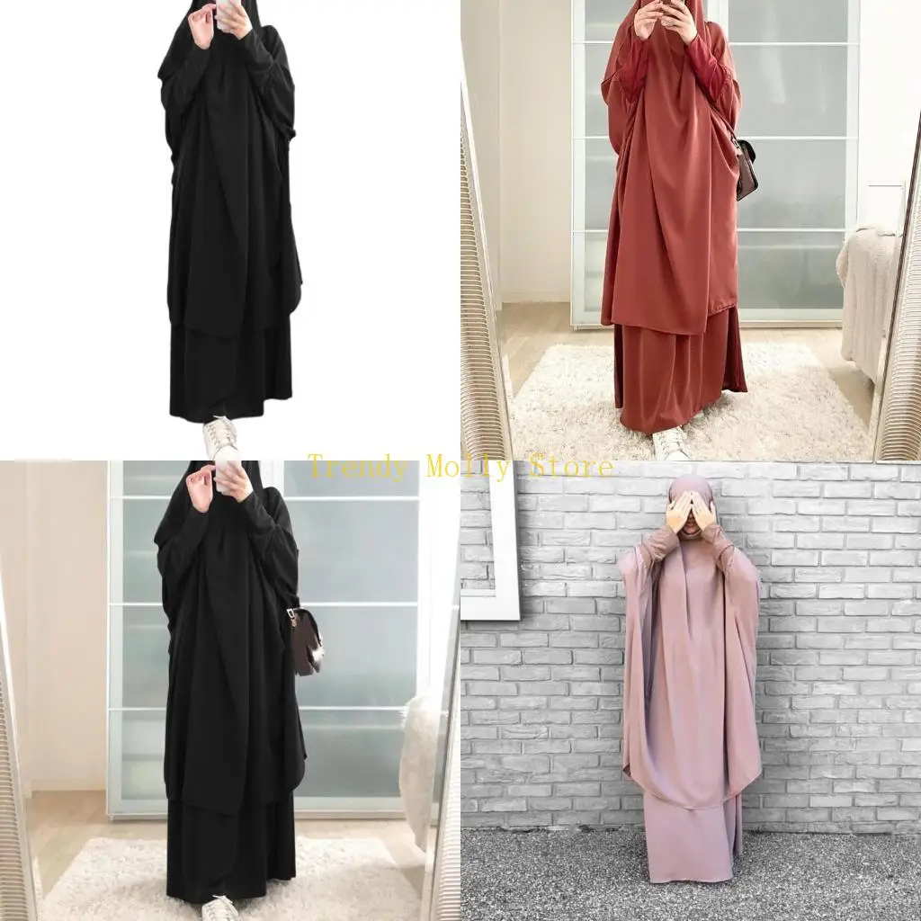 

N5KB Women 2pcs Мусульманское молитвенное платье с длинным рукавом хиджаб Химар Юбка набор Абайя Кафтан