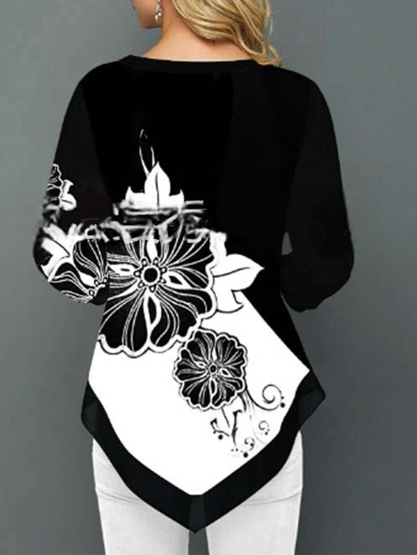 Dames herfst-T-shirts Chique gradiënt grafische print Lange mouw Half open kraag Knoop Basics Top voor vrijetijdskleding