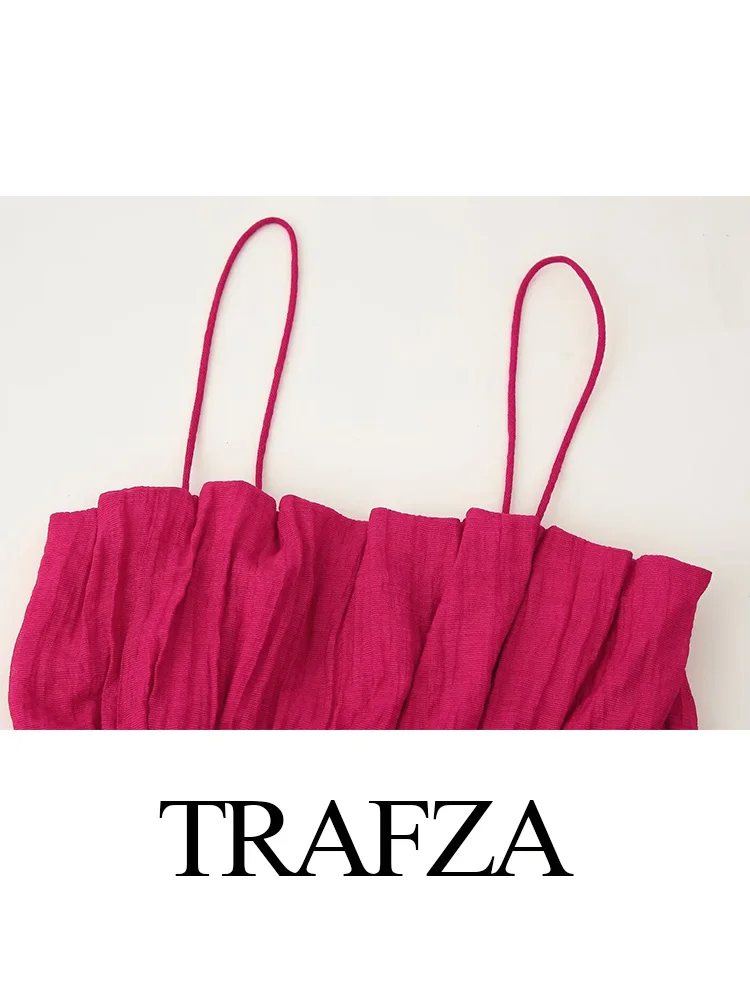 

TRAFZA Women Elegant Backless Pleated Decoration Sleeveless Sling Short Top+Elastic Waist Bow Lace-up Summer Midi Skirt Set