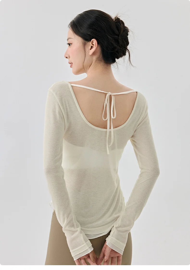 Leichte, leicht transparente Yoga-Tops für Damen, Herbst, locker geschnitten, Fitness-Gym, langärmeliges Sport-Top, großer U-Ausschnitt, Lauf-Workout-Anzug – Detail 7