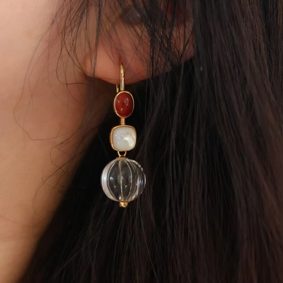 KQDANCE Hand Craft 925 Sterling Silver Red Agate Pink Purple Gemstone White Crystal Pumpkin Drop Earrings Jewelry For WOmen