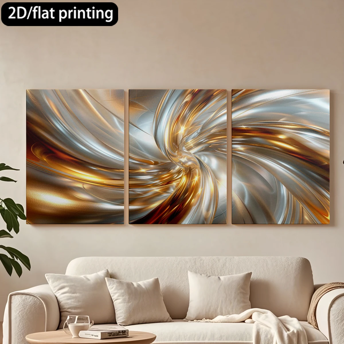 

Набор из 3 картин на холсте в деревянной раме. Декоративная живопись с абстрактным дизайном, плавными металлическими оттенками. Украшение для коридора и спальни.