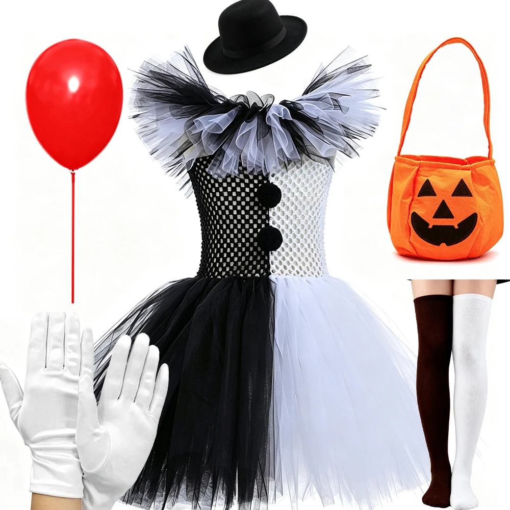 Mädchen Halloween Clown Kostüm Kleid Kinder Schwarz Weiß Gruseliger Clown Kleid mit Hut Socken Handschuhen Set Karneval Cosplay Party Outfit – Detail 8