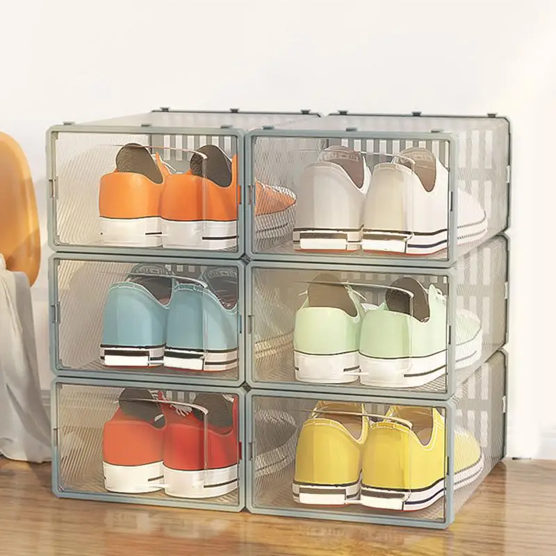 6PCS Transparent Waterproof Pack Shoe Storage Organizer Collapsible  Shoe Boxes for Cabinets Tables Stackable Shoe Boxes