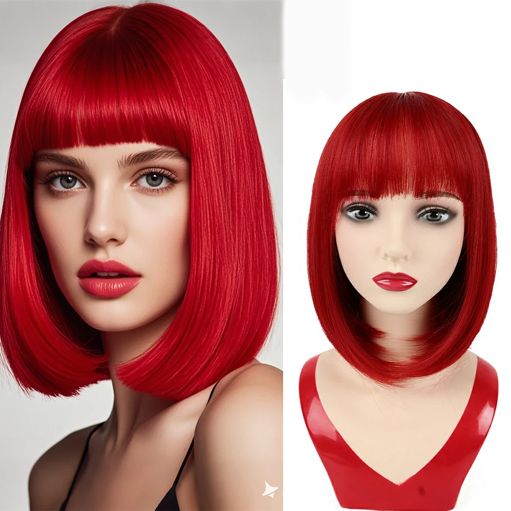 

12inch Short Straight Bob Wigs Synthetic Hair with Bangs for women Cosplay Lolita Christmas party wear Fake Hair wigs Head Cover