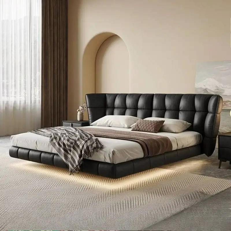 Base de Cama Doble Negra Europea, Elegante Cama Doble Italiana de Lujo Nórdico, 180x200, Estilo Moderno, Muebles para el Hogar