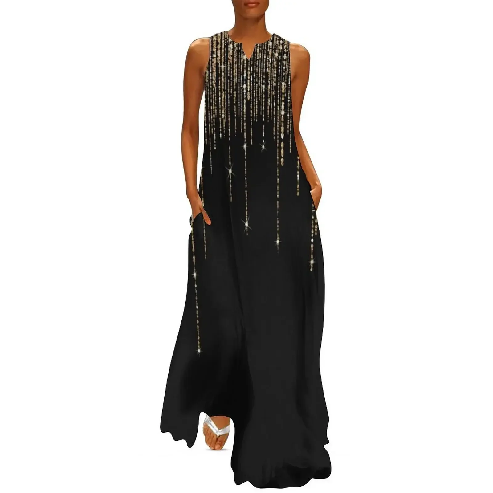 

Luxury Chic Black Gold Sparkly Glitter Fringe Long Dress Evening gown luxury dress beach outfits for women Female dress