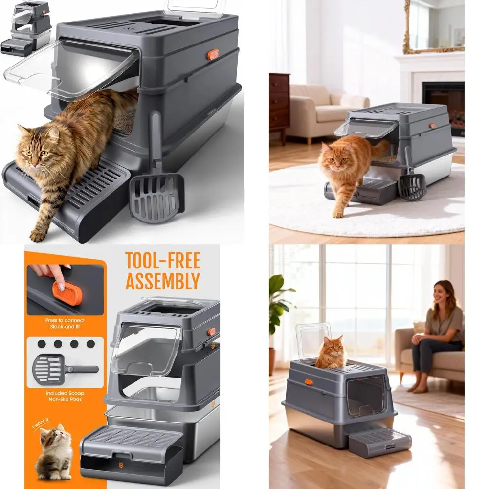 

Закрытый лоток для кошек из нержавеющей стали с крышкой, совком для наполнителя, подставкой-ступенькой, пакетом с активированным углем, 23,6 x 15,7 x 15 дюймов, серый