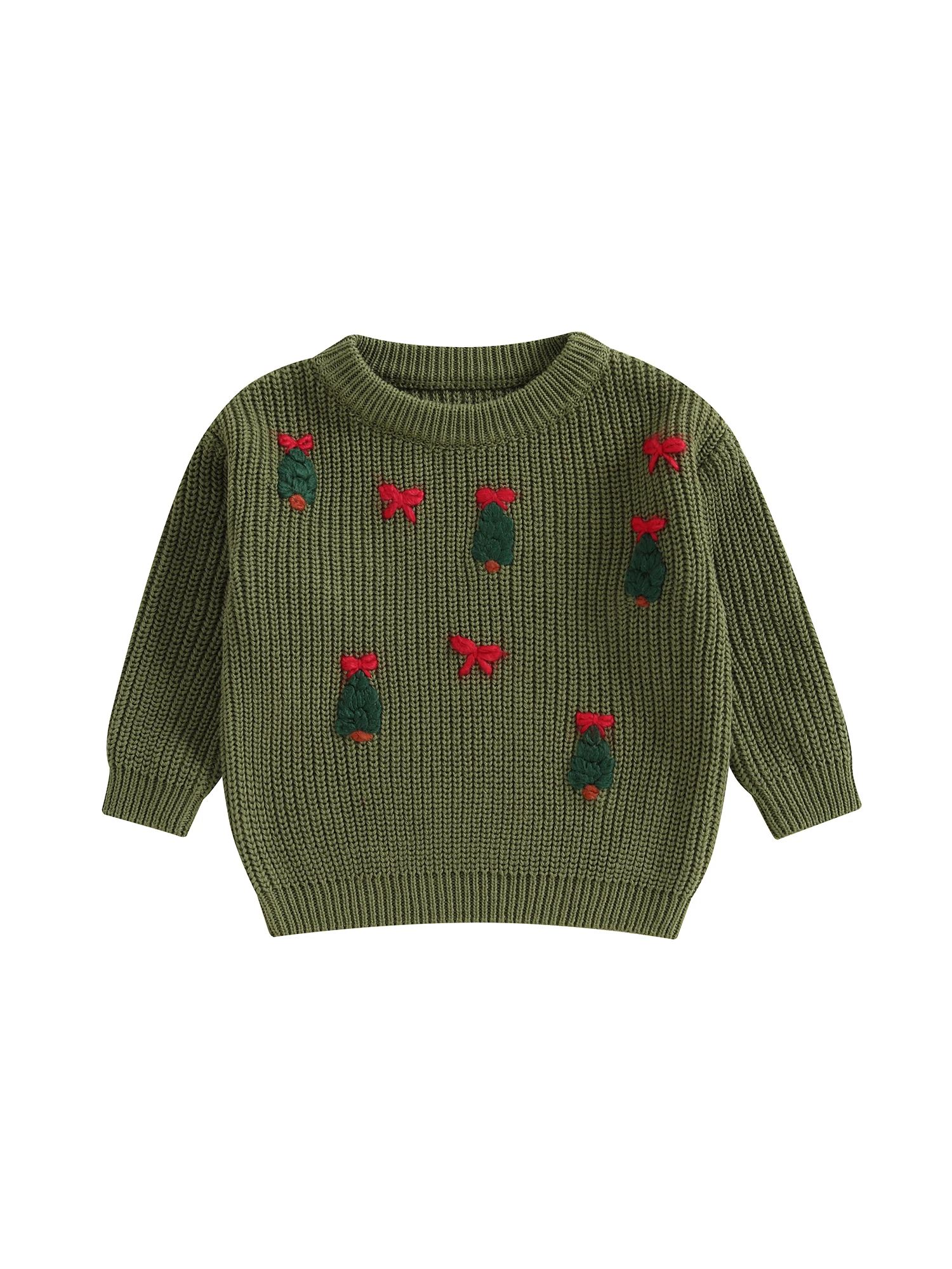 FOCUSNORM 0–5 Jahre Weihnachtspullover für kleine Kinder, Jungen und Mädchen, 4-farbige Schleife, Weihnachtsbaum-Stickerei, langärmelig, Rundhalsausschnitt, Strickpullover – Detail 3