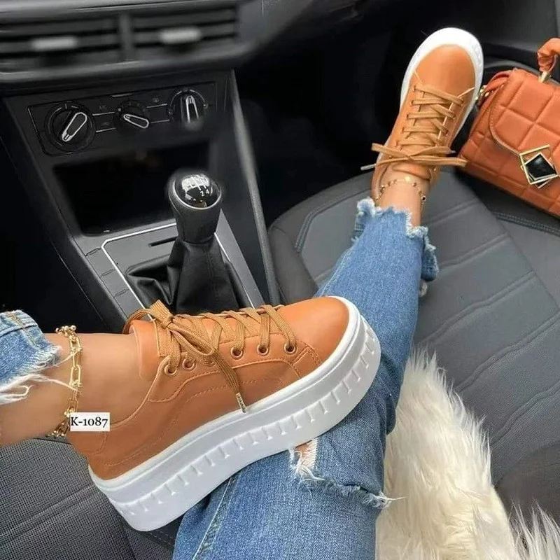 2023 Women Sneakers Solid Color Pu White Shoes Skateboard Height Increased Platform Vulcanized Casual Winter Lady Lace-Up Flats