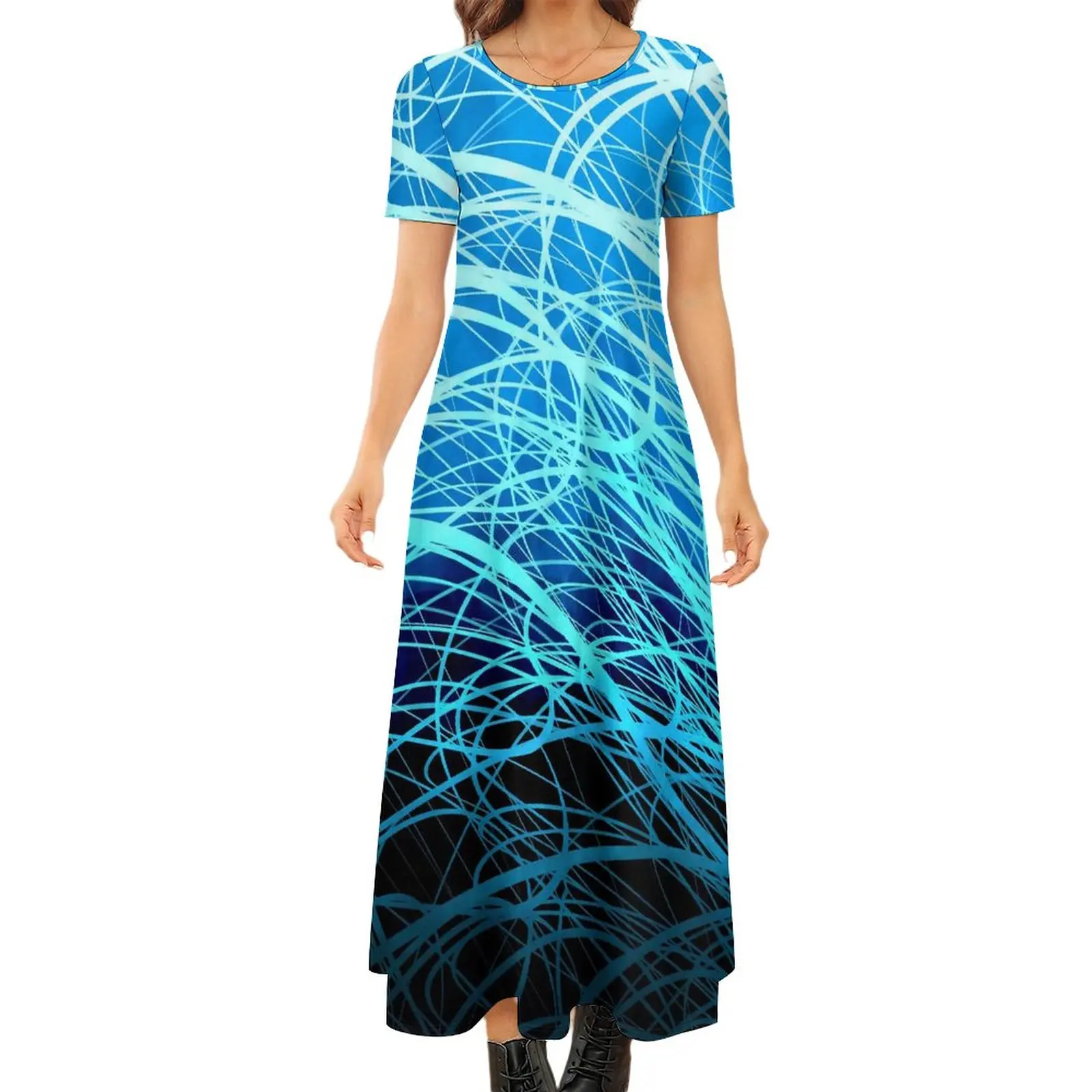 Blue Lines Dress Abstract Print Elegant Maxi Dress Female Short Sleeve Street Fashion Bohemia Long Dresses 5XL 6XL 7XL