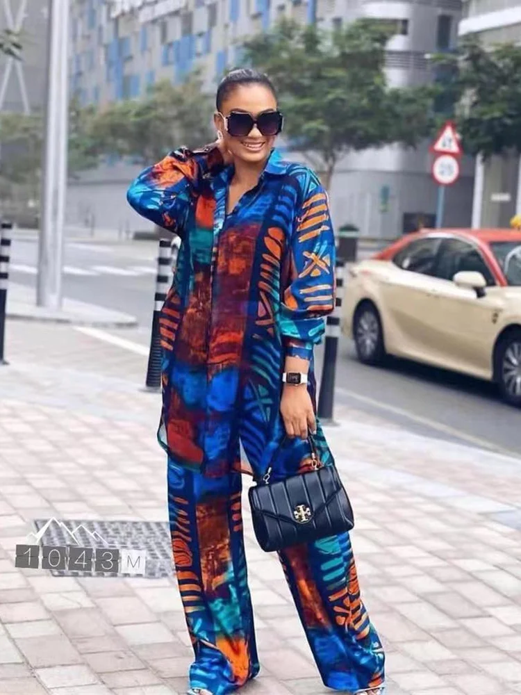 

Fashion Print 2 Piece Pants Sets Women Elegant Long Sleeve Blouses Wide Leg Pants Set Tracksuits Outfits Female Two Piece Suits