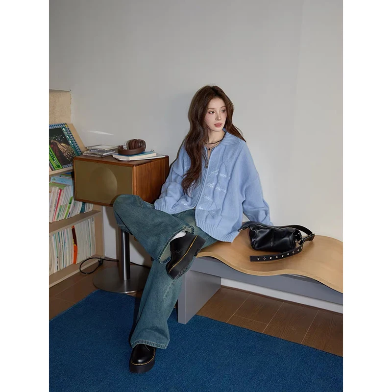 YIBASHU Damski Niebieski Kardigan Przytulny Sweter Vintage Sweter Dzianinowy w Stylu Koreańskim z Długim Rękawem dla Kobiet Wiosenne Ubrania z Lat 2000