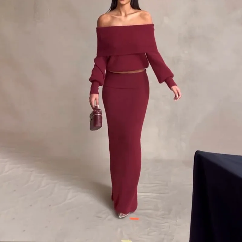 

Skirt Set Women Two Piece Sets Knitted Full Sleeve Off Shoulder Tops Long Skirts A Line Slim Fit Y2k Streetwear Elegant Evening