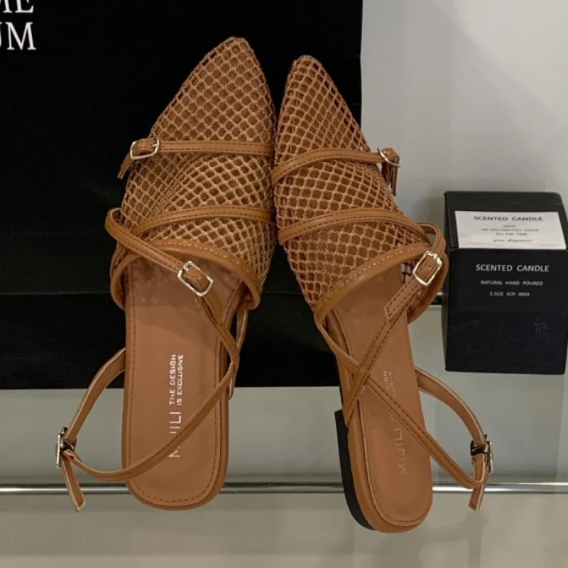 

Mesh Breathable Belt Buckle Slides Women Fashion Designer Sandals Women Beach Shoes Comfort Retro Flats Slippers Ladies